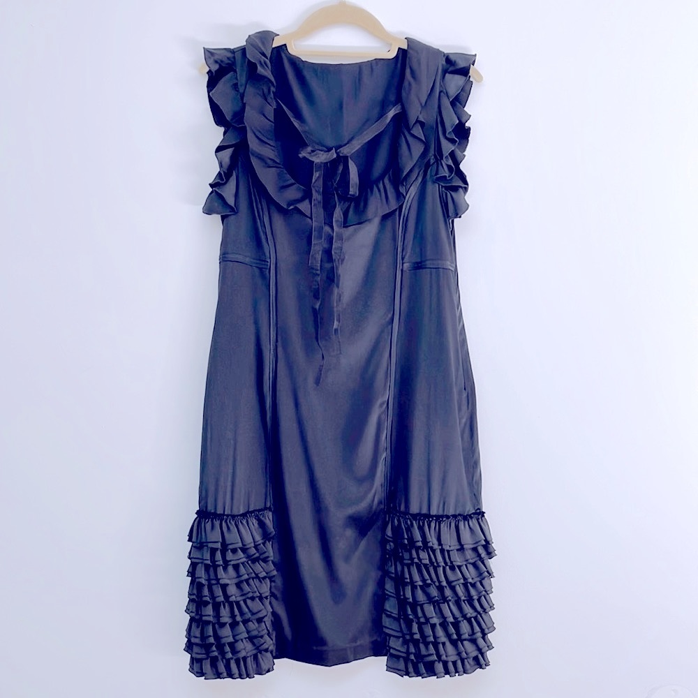 Black Silk Ruffle Dress with Bow Made in France Size Small